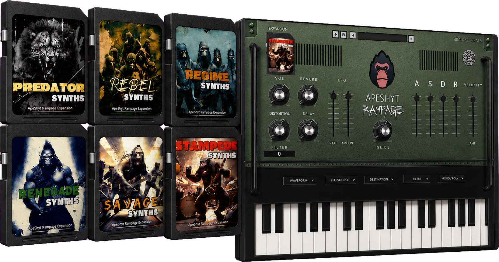 Apeshyt Rampage synth with all 6 expansion packs: Predator, Rebel, Regime, Renegade, Savage and Stampede